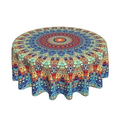 AGAYNA Mandala Tablecloth Round 60 Inch Colorful Boho Table Cloth,Stain Resistance Polyester Summer Table Covers for Kitchen Dining,Small Tablecloth for Party Picnic
