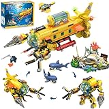 HOGOKIDS 3 Styles City Submarine Building Set with LED Light, Ocean Exploration Yellow Boat Sub Toy with 2 Sharks, Whale Skeleton and Ray Drone, Christmas Birthday Gift for Kids Boys Girls 8-14+