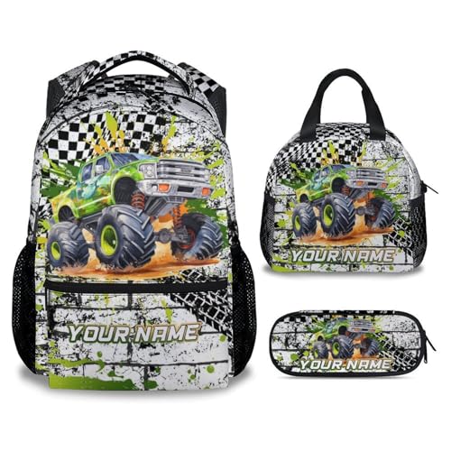 Personalized Students Backpack with Lunch Box, 3PCS Truck School Backpacks Matching Combo for Middle School, Funny Green Bookbag and Pencil Pouch Bundle
