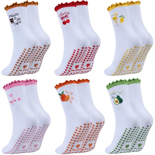 DASHUAIGE - DASHUAIGE 3/6 Pairs Pilates Grip Socks, Yoga Non Slip Crew Socks for Girls, Fruits Patterns Embroidery Ballet Socks for Women (Brown+Yellow+Green+Pink+Red+Orange)