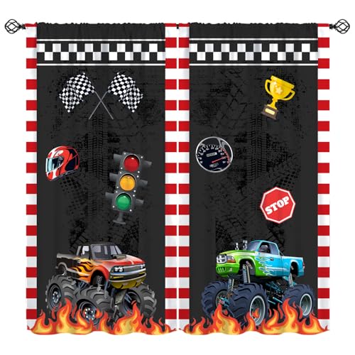 KANEPE Racing Curtains, Car Race Flag Red Flame Cartoon Colorful Monster Truck Print Blackout Window Treatments, Rod Pocket Thermal Insulated Drapes for Kids Bedroom Living Room, 42