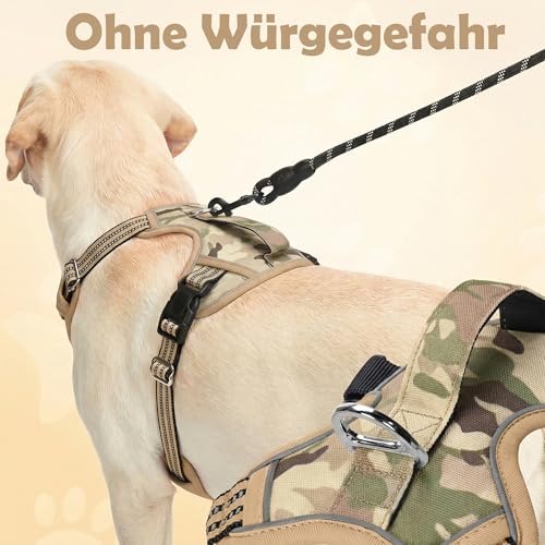 Funfox Hundegeschirr Mittelgroße Hunde [L] - Verstellbares Anti-Zug Brustgeschirr mit Griff & Reflektorstreifen, Atmungsaktives No Pull Hundegeschirr für Grosse/Kleine Hunde Outdoor Tarnbraun