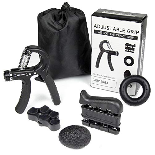 Od-sport Grip Strength Trainer Kit, Hand Grip Strengthener Kit, Adjustable Grip Device Set, Grip Ball Five-Finger, Trainer Finger Strength Device Fitness Set, Silicone Grip Ring 5 Pak(with Storage Bag) black