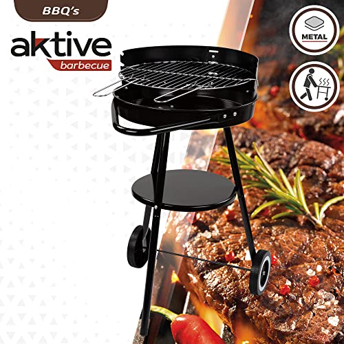 Aktive 52802 - Barbacoa carbón portátil Ø42x76,5 cm Redonda, 3 alturas regulables, 2 ruedas para facilitar el transporte, Montaje rápido y fácil, Parrilla con dos mangos extraíbles