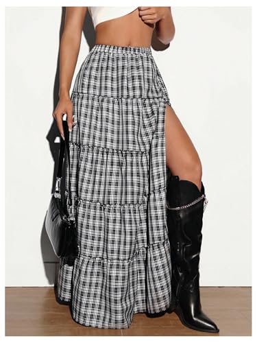 Verdusa Women's Ruffle Gingham Plaid Long Skirt Flowy Casual Split Thigh Elastic Waist Maxi Skirts4