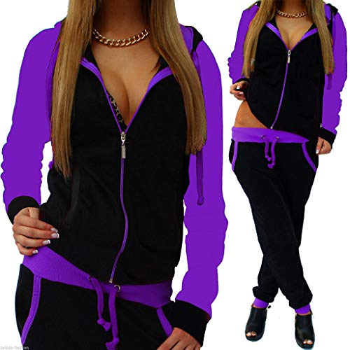 Atezch 2 Piece Casual Sport Outfits for Women, Long Sleeve Zipped Hoodie and Loose Long Pants with Straps Set Tracksuits (Purple, M)