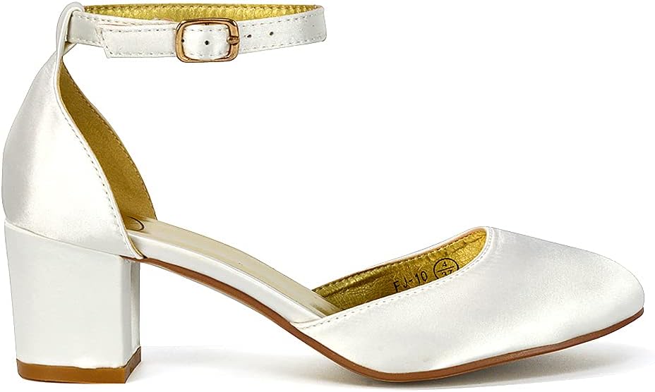Womens Closed Toe Ankle Strap Comfort Block Low Heel Pumps Dress Party Evening Shoes (Ivory Satin, Numeric_9)