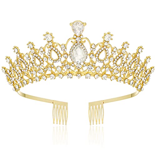 Makone Gold Tiaras and Crowns for Women Girls Crystal Princess Crown with Combs Elegant Queen Tiara Hair Accessories for Birthday Wedding Prom Pageant Halloween Christmas Cosplay