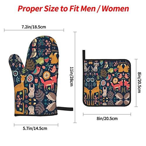Forest Owl Deer Hedgehog Fox Oven Mitts And Pot Holders Sets Of 4 High Heat Resistant Oven Mitts With Oven Gloves And Hot Pads Polyester Potholders For Kitchen Baking Bbq Non-Slip Cooking Mitts #TOP3