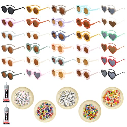 30 PCS Flower Sunglasses Set for Kids - Includes 100 Daisy Embellishments, 400 Random Letter Beads & 2*Glue - Perfect DIY Craft for Boys and Girls, Ideal for Parties and Gifts (30)
