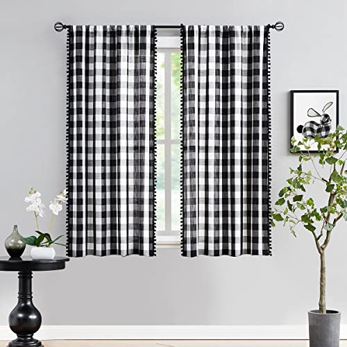 Treatmentex GZPOM2-45BK White Black Buffalo Check Curtains 45Inch Pom Pom Farmhouse Semi Sheer Plaid Window Curtain Panels thumb #1