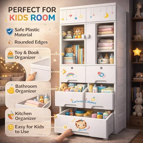 Image of AYSIS Kids Plastic Collapsible Wardrobe Organizer for Storage with Drawers | Cute Cartoon Design | Heavy Duty Cloth Organizer for Storage | Easy to Assemble | Perfect for Kids Room & Home | Lionwhite