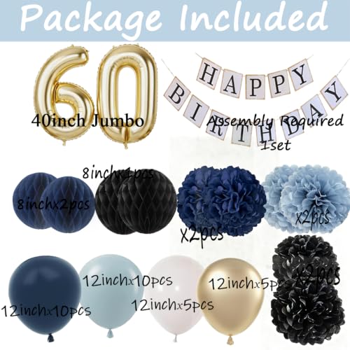 Image of 60th Birthday Decorations for Men -Black Royal Blue 60 birthday party supplies for Happy man with Fabulous Champagne Gold Balloons Tissues Pom poms Decor (Navy blue +Gold)