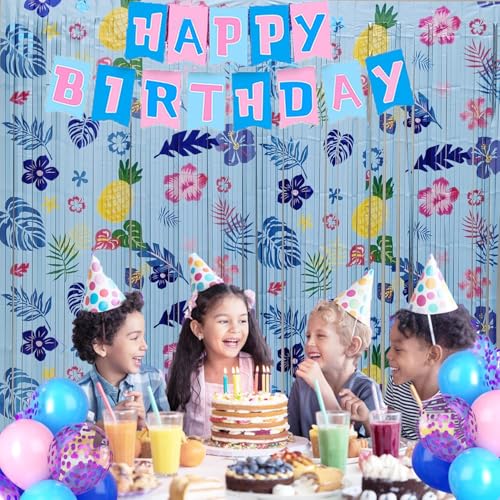 Image of Hawaiian Element Pattern Birthday Party Supplies 3 Pack Foil Fringe Curtains Tinsel Animation Themed Photo Backdrop Streamers Cartoon Birthday Party Decorations