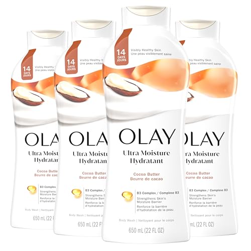 Olay Body Wash for Women, Ultra Moisture, 24hr Moisturizing, Hydrating & Refreshing, B3 Vitamin Complex, Free of Parabens & Phthalates, For All Skin Types, Cocoa Butter Scent, 22 fl oz (Pack of 4)