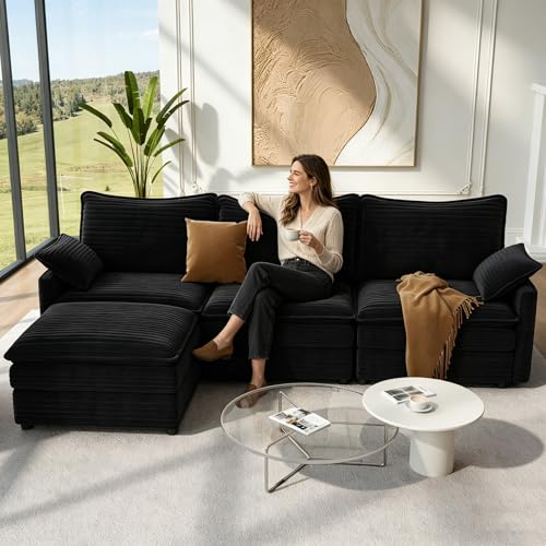 Image of Vesgantti 108 inch Modular Cloud Couch, Deep Seat Sectional Sofa with Ottoman & Throw Pillow, Comfy Corduroy L Shaped Modular Sofa Set, Sectional Couches for Living Room, Bedroom and Apartment, Black