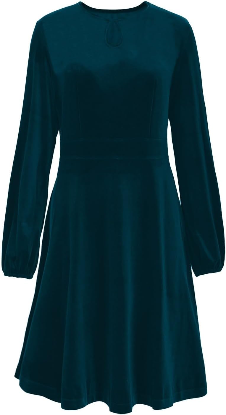 Lmdudan Women's Casual Midi Dresses Long Sleeve Velvet Round Neck A Line Pleated Tunic Dress Fall Winter Loose Work Clothes