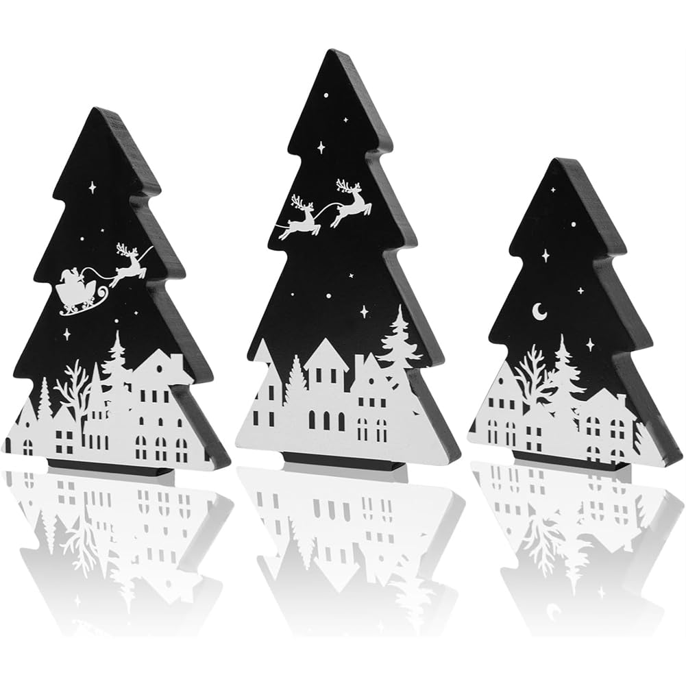 Vjsujehgy Xmas Tiered Tray Decor 3 Pieces for Christmas Tree Wooden Signs Black White for Christmas Home Tabletop Party Decor(Black)
