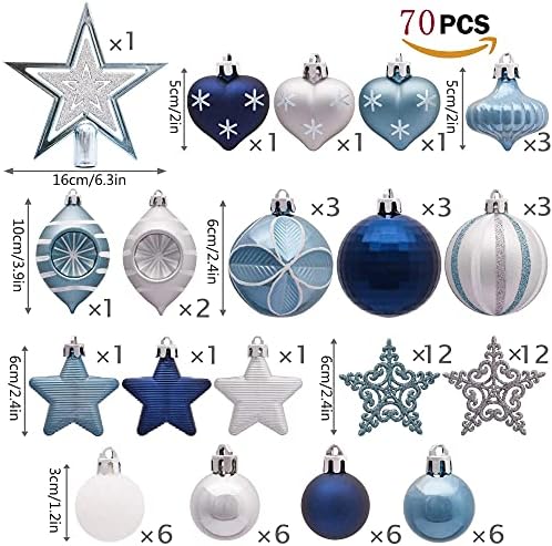 Valery Madelyn 70pcs 3-10cm Shatterproof Christmas Baubles,Winter Wishes Silver and Blue Christmas Ball Ornaments for Christmas Tree Decorations
