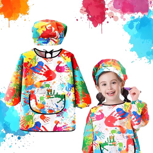 ZHXGO Grembiule da Pittura Bambini Regolabili Riutilizzabile, Cappotti da Pittura Impermeabile di Inchiostro, Grembiule Scuola con Maniche Lunghe e Tasche Cappello per Ragazzi Ragazze 4-6 anni