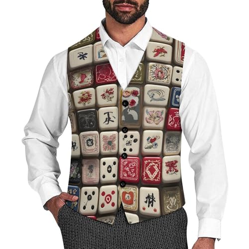 Funny Mahjong Men's Suit Vest Slim Fit Business Dress Party Pattern Waistcoat Vest Top
