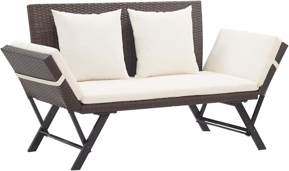 vidaXL Convertible Patio Bench to Day Bed in Brown Poly Rattan with Comfortable Cushions, Adjustable Sides and Durable Steel Frame