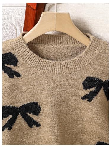 Image of BEAUDRM Girl's Cute Bow Sweater Crew Neck Long Sleeve Drop Shoulder Loose Pullover Tops