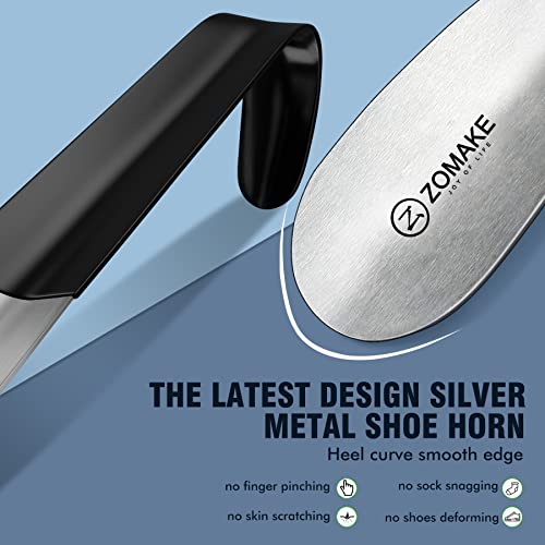 Zomake Metal Shoe Horn 2Pcs - 16.5 Inch Shoehorn Long Handled With Handle For Seniors Men Women - 7.5 Inch Stainless Steel Small Shoe Horns With Hook (Silver 16.5&7.5 Inch) #TOP4