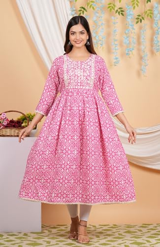 Image of purple sky Women's Cotton Blend Printed Anarkari Suit with Lucknowi Work on Neck