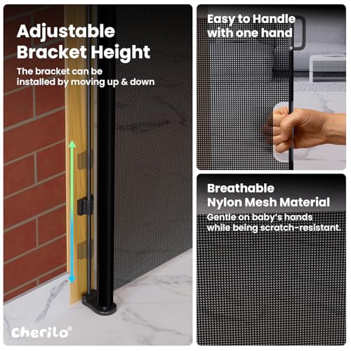 Image of Cherilo Safety Gate for Kids Home | Retractable Baby Safety Gate for Door & Stairs | Expandable Mesh Child Gate up to 150 cm | Pet & Baby Fence Barrier | Black