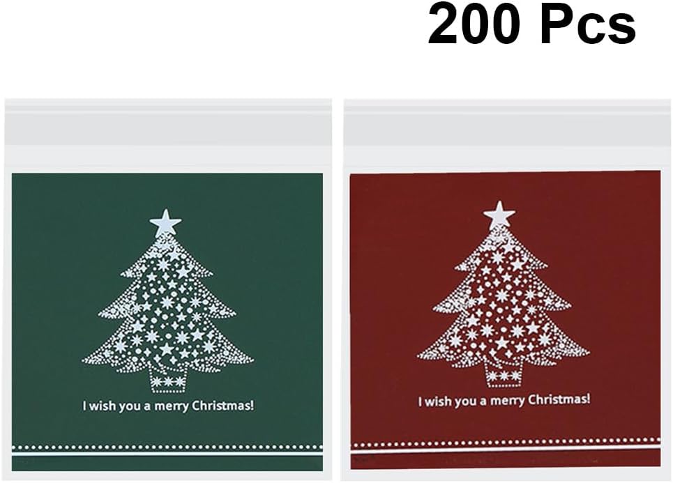 VALICLUD 200pcs Christmas Tree Candy Bags Biscuit Cookie Packing Cellophane Bags Disposable Self-adhesive Wrappers 5.5 x 3.9 inches