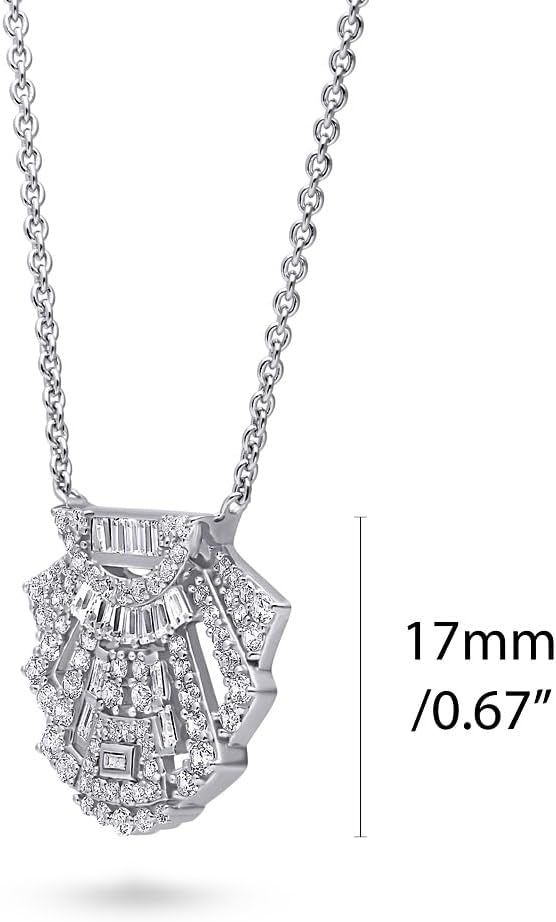BERRICLE Sterling Silver Vintage Inspired Art Deco Cubic Zirconia CZ Pendant Necklace for Women, Rhodium Plated 16 inch, Color (Clear)