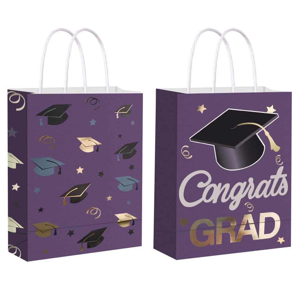 12 Pieces Graduate Gift Bags, Graduation Party Favor Gifts Wrapping Bags for Graduation Season Theme Party Supplies Decoration (Purple Gold)