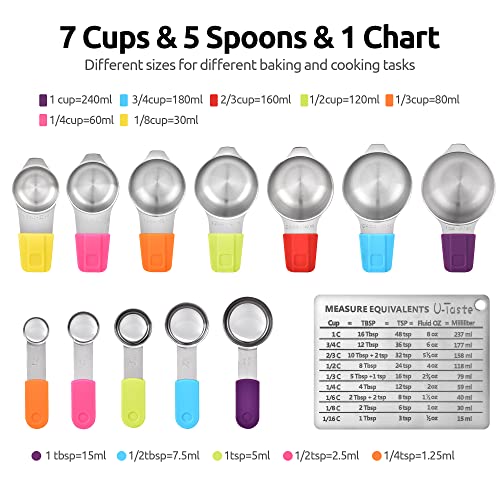 U-Taste Magnetic Measuring Cups And Spoons Set Of 13 In 18/8 Stainless Steel: 7 Measuring Cups And 5 Measuring Spoons With 1 Professional Magnetic Measurement Conversion Chart #TOP1
