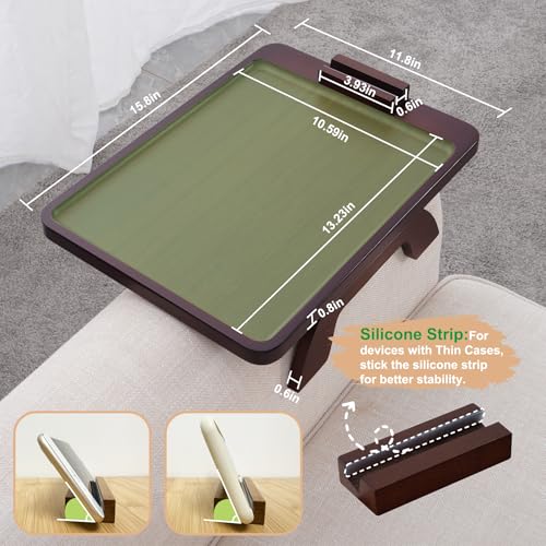 SINWANT Couch Arm Tray Table, Large Space 15.75"x 11.8" Bamboo Couch Armrest Table with 360° Rotating Phone Holder,Foldable Sofa Armrest Tray for Eating Snacks Drinks Remote Books by SINWANT - Used condition - Image 5