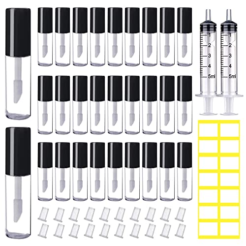 Amorix 50Pcs Mini Lip Gloss Tubes With Wand 1.2Ml Empty Containers Clear Refillable Travel Lip Balm Bottles For Samples With 5Ml Syringes Diy Lip Gloss Base + Tag Labels Stickers (Black) #TOP13