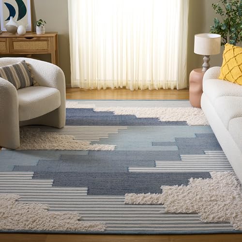 SAFAVIEH Area Rug 8x10 - Kenya Collection - Large - Blue & Ivory, Handmade Wool, Ideal for Living Room, Bedroom, Dining Space (KNY278M)
