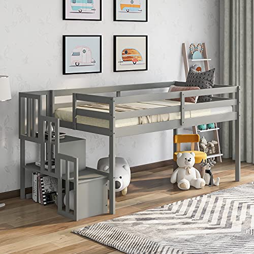 LoLado Twin Loft Bed with Stairs, Solid Wood Stairway Loft Bed with Storage Shelf for Kids Boys Girls Young Children (Grey)