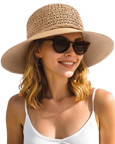 FURTALK Beach Hats for Women Summer Straw Sun Hat Crochet Wide Brim UPF50+ Foldable Packable Khaki M-L
