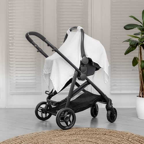 Image of Comfy Cubs Baby Car Seat Cover - Soft, Breathable Bamboo Rayon and Muslin Cotton Blend - Lightweight Canopy for Sun, Bug, and Comfort Protection - Large Size Infant Seat Cover in White Design