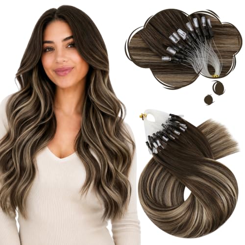 Image of Moresoo Micro Bead Hair Extensions Real Human Hair, Medium Brown, 16 Inch | 50g 50 Strands, reusable micro loop, lightweight comfort, dimensional brunette blend, office styling, soft straight texture