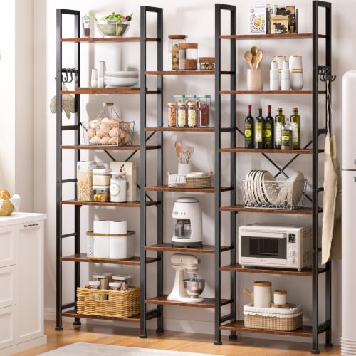 Image of Furologee Triple Column 6 Tier Bookshelf, Large Bookcase with 17 Display Shelves, Wide Book Shelf with 6 Hooks, Adjustable Rustic Bookshelves Storage Organizer, Shelving Unit for Living Room, Office