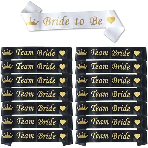 Blue Planet Fancy Dress 15pcs Hen Party Sash (14 Team Bride & 1 Bride to Be Sash) Black and Gold Satin Sash Text for Women and Girls Bachelorette Parties Bridal Party Favours Wedding Accessories