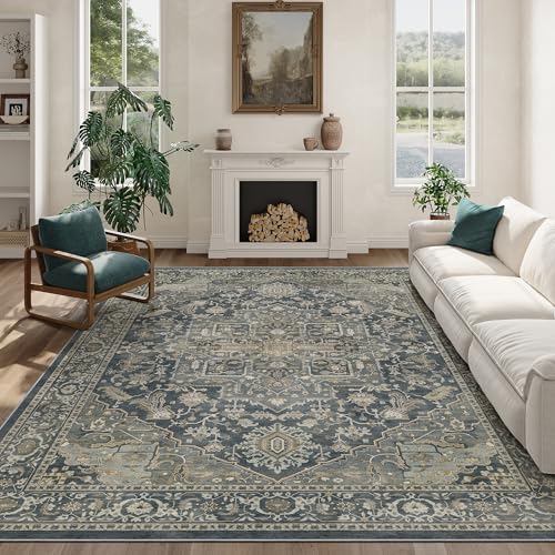 Rugland 8x10 Area Rugs - Stain Resistant Washable Rug, Anti Slip Rugs for Living Room, Vintage Tribal Area Rugs(Medallion 01-Deep/Grey, 8'x10')