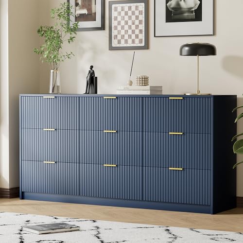 Image of Furniway Blue Dresser for Bedroom, Modern Dresser with 9 Drawers and Smooth Slides, Wide Chest of Drawers with Golden Handles for Bedroom, Living Room, Closet, 15.7 inch D x 63 inch W x 31.5 inch H