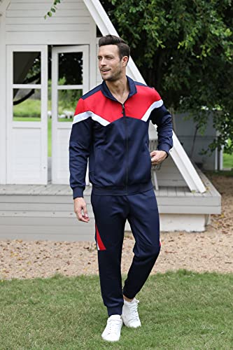 Luckyoung Men’s Athletic Tracksuits 2 Piece Set Zipper Jackets Drawstring Waistband Pants Dark Blue Red Large #TOP4
