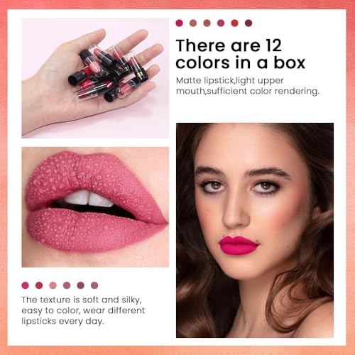 Image of evpct 12Pcs Mini Pills Lipstick Capsule Set for Women Waterproof Long Lasting, Dark Ruby Plum Rose Red Nude Pink Mauve Taupe Brown Matte Small Magic Permanent 24 Hour Lipstick Bulk Samples 01