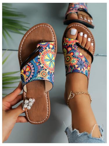 GORGLITTER Women's Bohemian Thong Sandals Open Toe Flip Flops Dressy Slip On Summer Beach Slides2