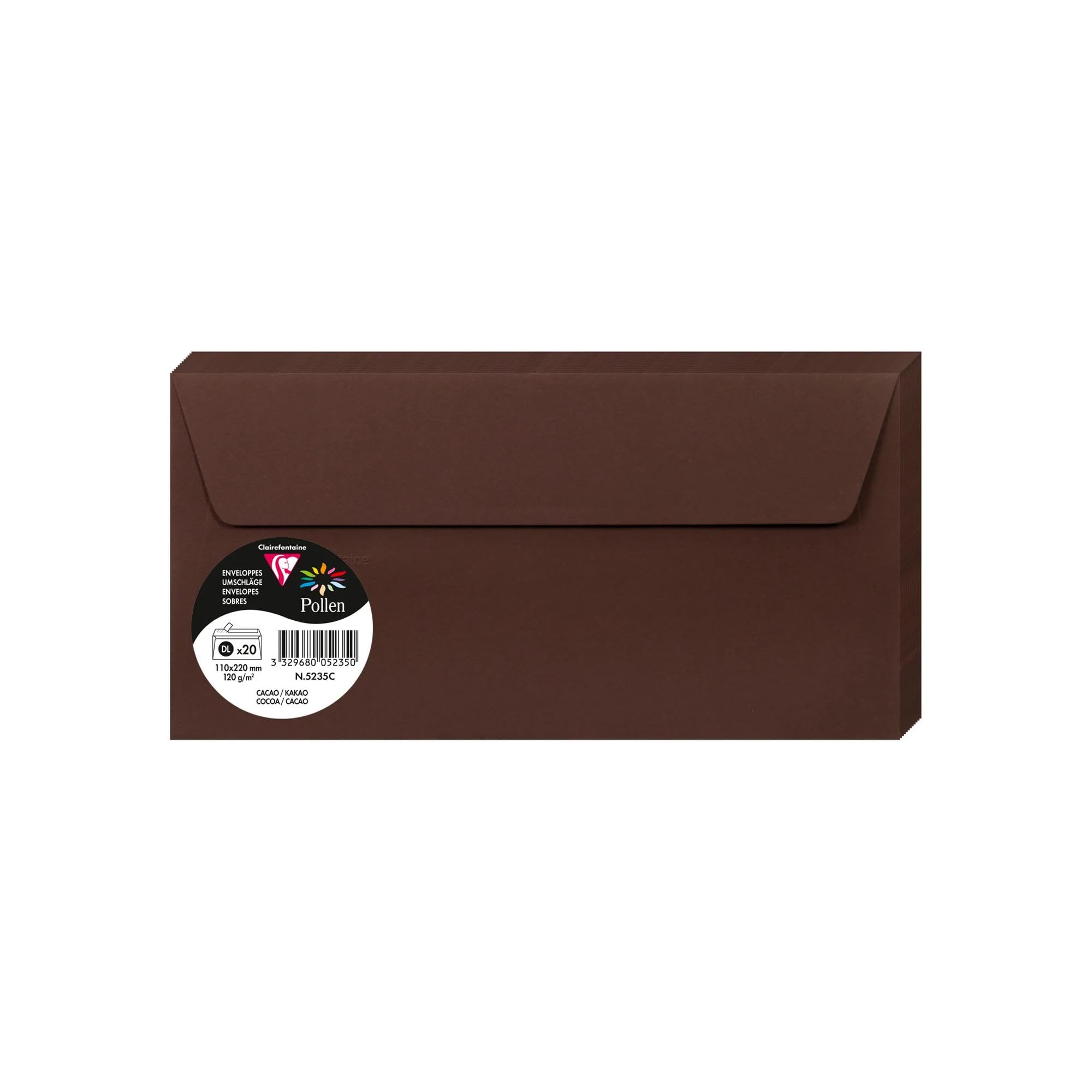 Clairefontaine 5235C Pack of 20 Self-Adhesive Envelopes Format DL 11x22cm 120gsm Cocoa colour Invitation Events Correspondence Pollen Range Premium Paper