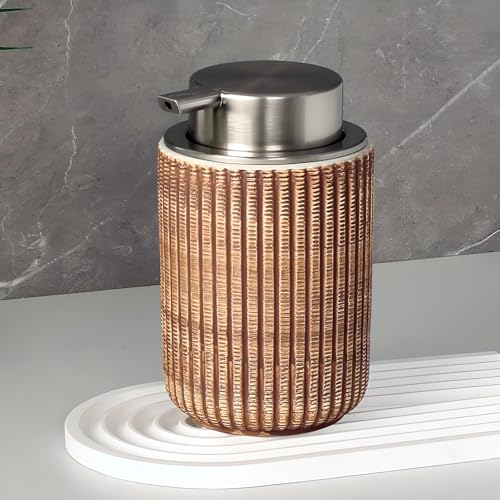 Image of Foaming Soap Dispenser, Ceramic Bathroom Countertop Hand Soap Dispenser for Kitchen Sink Refillable Liquid Lotion Soap Dispenser Bathroom Bottle with Pump (Brown Foam)
